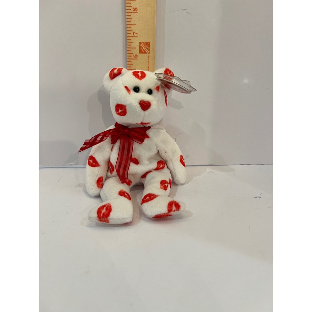 Ty Beanie Baby Smooch the Bear White Red Kiss Marks Valentine 2000 Plush Toy